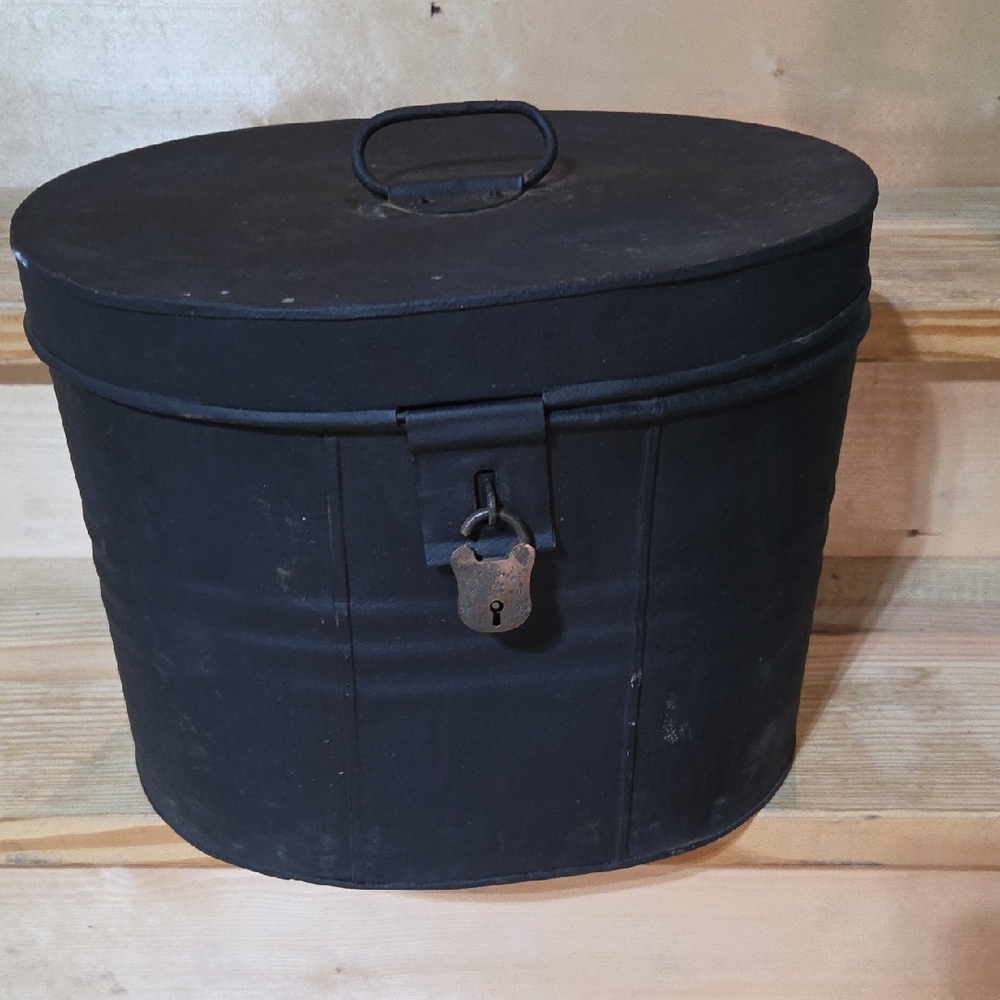 Vintage Black Oval Metal Box with Metal Lock